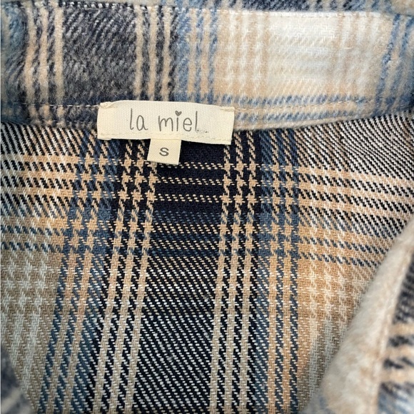 La Miel Navy Tan Plaid Flannel Shirt Jacket Shacket Oversized small - Picture 2 of 8
